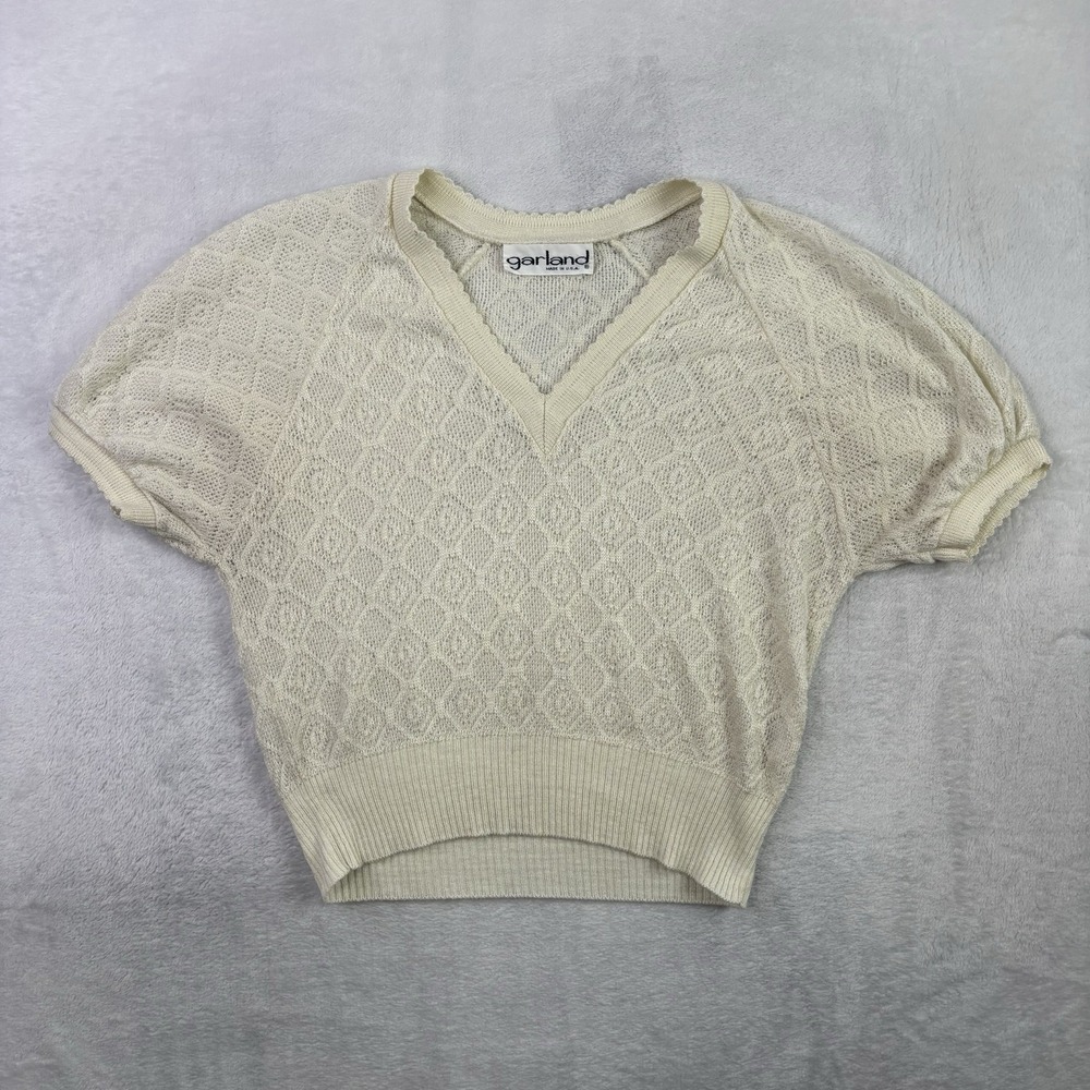 VTG Garland Made In USA Beige Knit V-Neck Short Sleeve Sweater Women's Medium